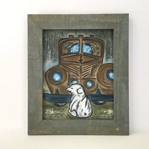 Naïve Folk Art Painting of Dog and Classic Car by Louisiana artist Cabin Decor